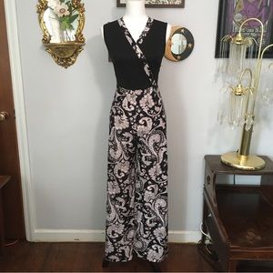 70s Vintage Black White Paisley Wide Leg Palazzo Sleeveless Jumpsuit